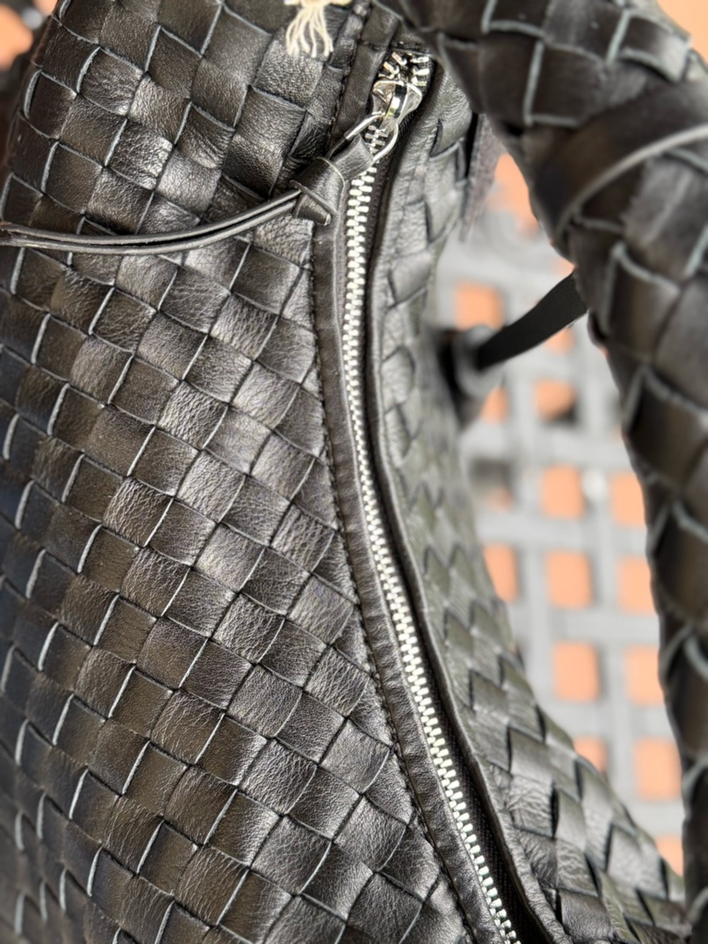 Handcrafted Woven Black Leather Hobo Bag Oversized Braided Handle Tassel Purse - Picture 5 of 7